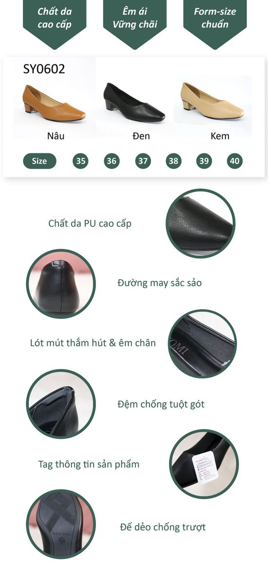 chi tiết giày cao gót 3 phân mui vuông